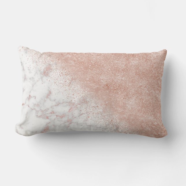 Elegant faux rose gold confetti white marble image lumbar cushion (Front)