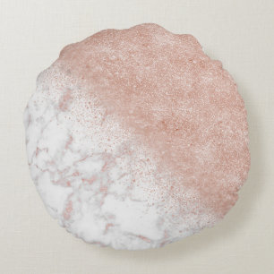 Elegant faux rose gold confetti white marble image round cushion