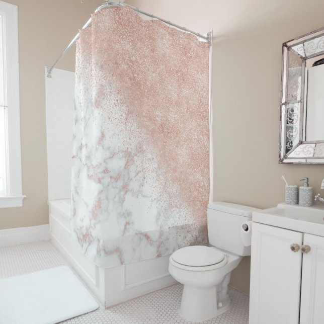 Elegant faux rose gold confetti white marble image shower curtain (In Situ)