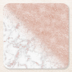 Elegant faux rose gold confetti white marble image square paper coaster