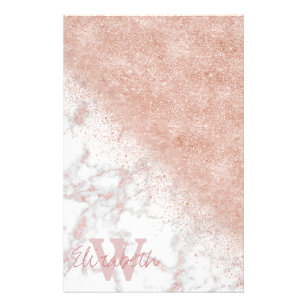 Elegant faux rose gold confetti white marble image stationery