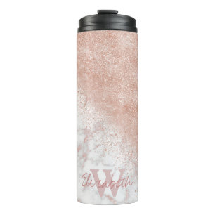 Elegant faux rose gold confetti white marble image thermal tumbler