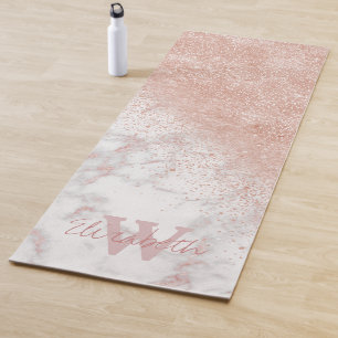 Elegant faux rose gold confetti white marble image yoga mat