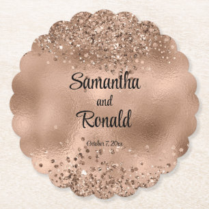 Elegant Faux Rose Gold Glitter and Foil Wedding Paper Coaster