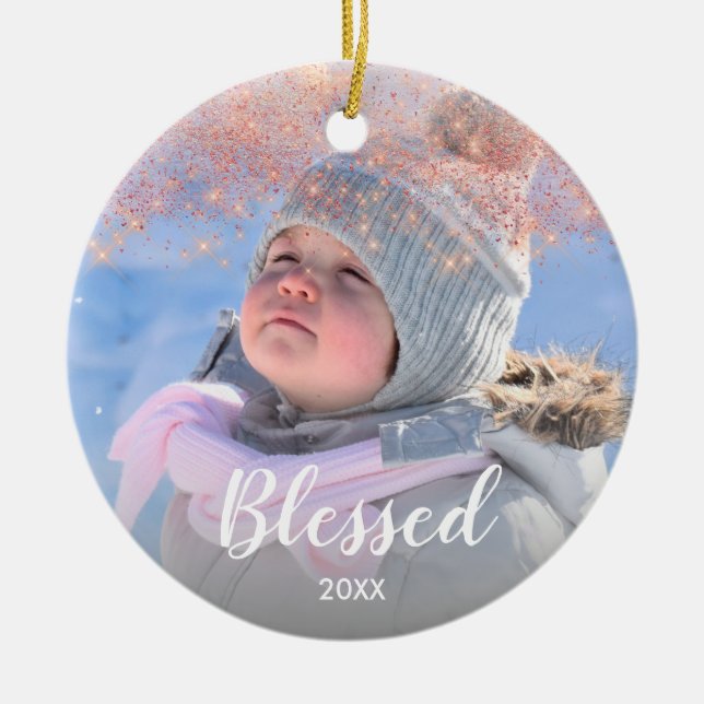 Elegant faux rose gold glitter blessed text photo ceramic ornament (Front)