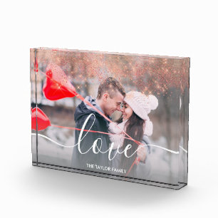Elegant faux rose gold glitter love text photo block