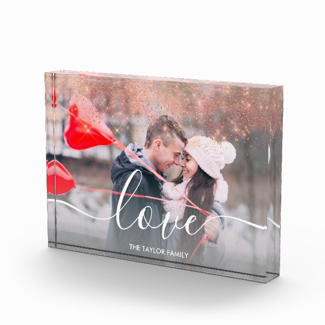Elegant faux rose gold glitter love text photo block (Right)