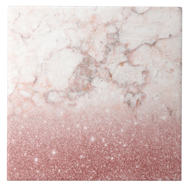 Elegant Faux Rose Gold Glitter White Marble Ombre Ceramic Tile (Front)
