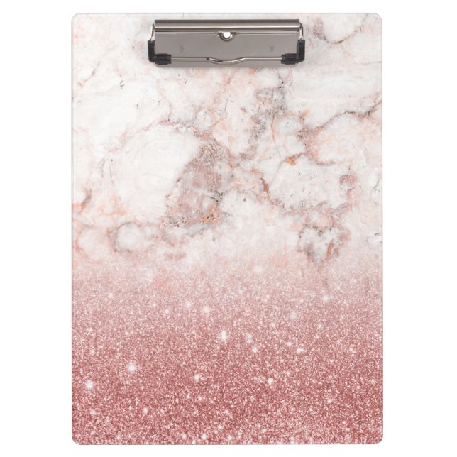 Elegant Faux Rose Gold Glitter White Marble Ombre Clipboard (Front)