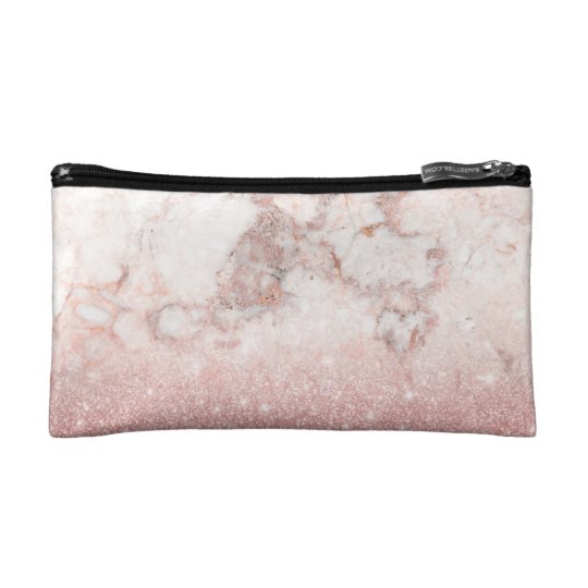 Elegant Faux Rose Gold Glitter White Marble Ombre Cosmetics Bags