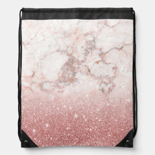 Elegant Faux Rose Gold Glitter White Marble Ombre Drawstring Backpack