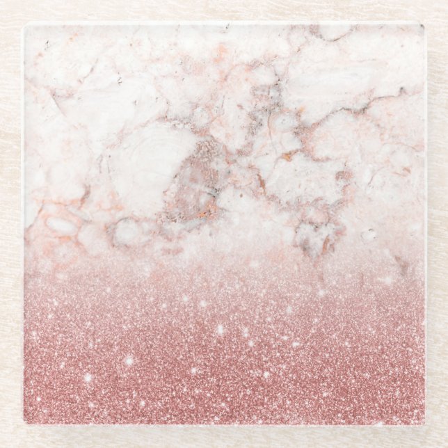 Elegant Faux Rose Gold Glitter White Marble Ombre Glass Coaster (Front)