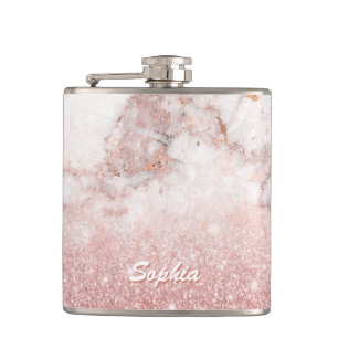 Elegant Faux Rose Gold Glitter White Marble Ombre Hip Flask