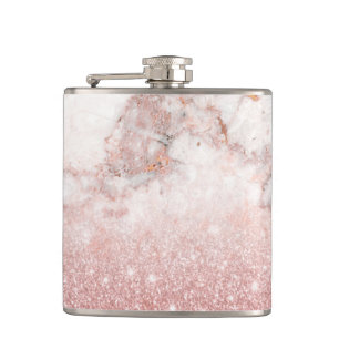 Elegant Faux Rose Gold Glitter White Marble Ombre Hip Flask