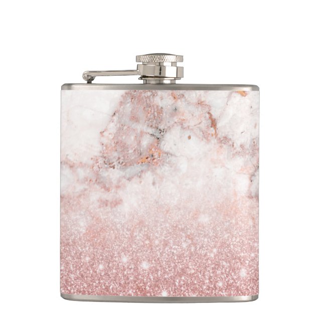 Elegant Faux Rose Gold Glitter White Marble Ombre Hip Flask (Front)