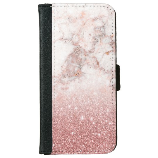 Elegant Faux Rose Gold Glitter White Marble Ombre iPhone 6 Wallet Case