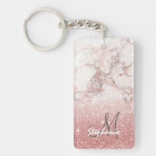 Elegant Faux Rose Gold Glitter White Marble Ombre Key Ring