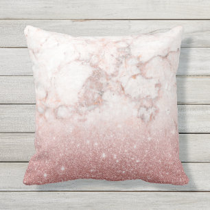 Elegant Faux Rose Gold Glitter White Marble Ombre Outdoor Cushion