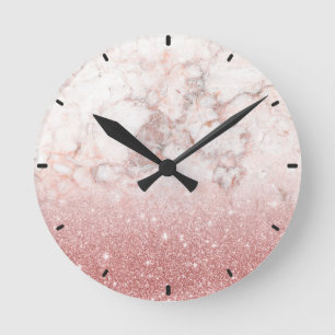 Elegant Faux Rose Gold Glitter White Marble Ombre Round Clock