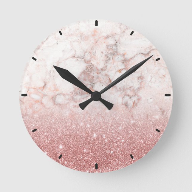 Elegant Faux Rose Gold Glitter White Marble Ombre Round Clock (Front)