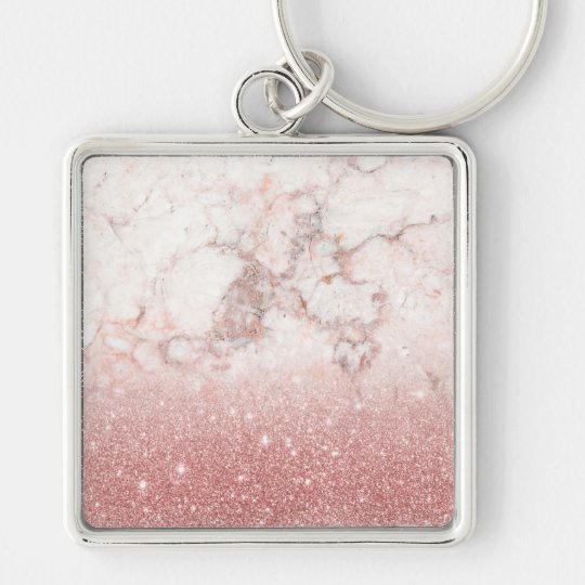 Elegant Faux Rose Gold Glitter White Marble Ombre Silver-Colored Square Key Ring