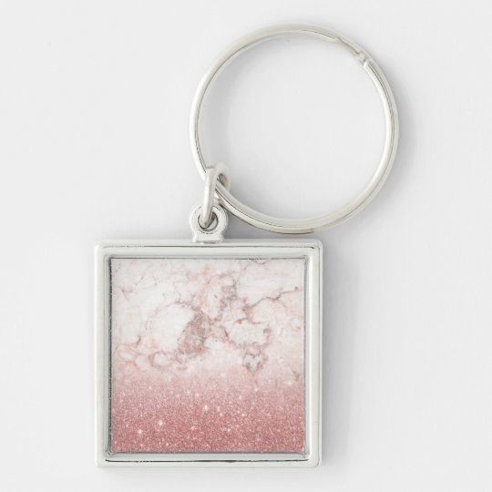 Elegant Faux Rose Gold Glitter White Marble Ombre Silver-Colored Square Key Ring