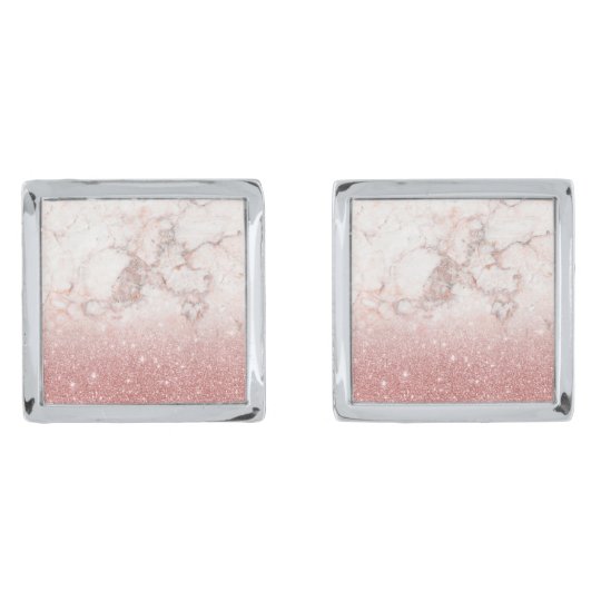 Elegant Faux Rose Gold Glitter White Marble Ombre Silver Finish Cufflinks