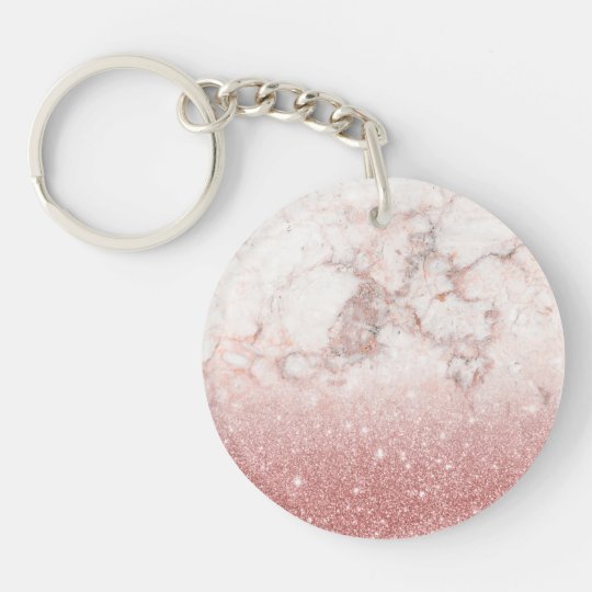 Elegant Faux Rose Gold Glitter White Marble Ombre Single-Sided Round Acrylic Key Ring