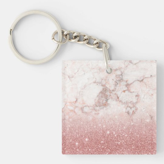 Elegant Faux Rose Gold Glitter White Marble Ombre Single-Sided Square Acrylic Key Ring