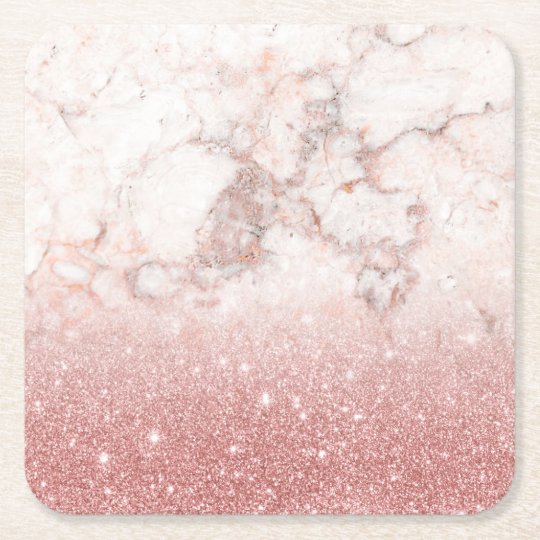 Elegant Faux Rose Gold Glitter White Marble Ombre Square Paper Coaster