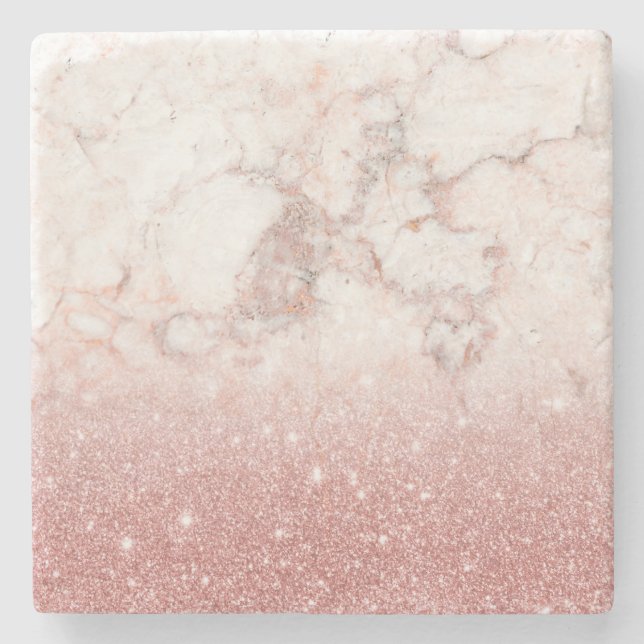 Elegant Faux Rose Gold Glitter White Marble Ombre Stone Coaster (Front)
