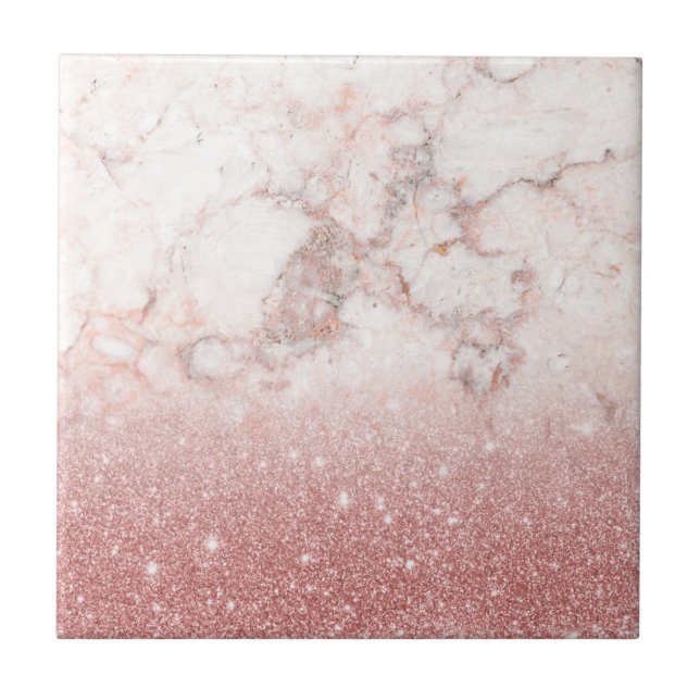 Elegant Faux Rose Gold Glitter White Marble Ombre Tile (Front)