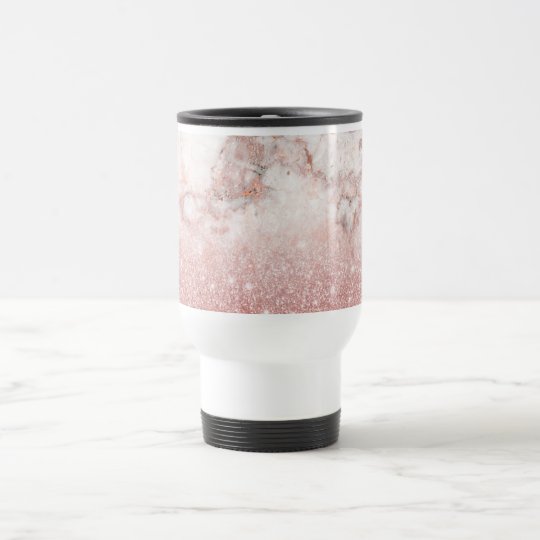 Elegant Faux Rose Gold Glitter White Marble Ombre Travel Mug