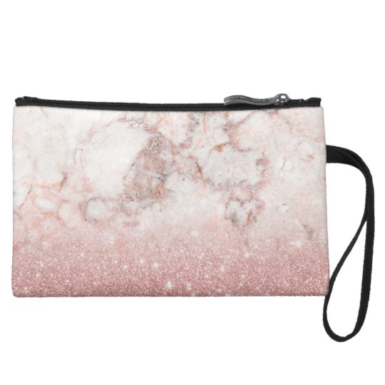 Elegant Faux Rose Gold Glitter White Marble Ombre Wristlet Clutch