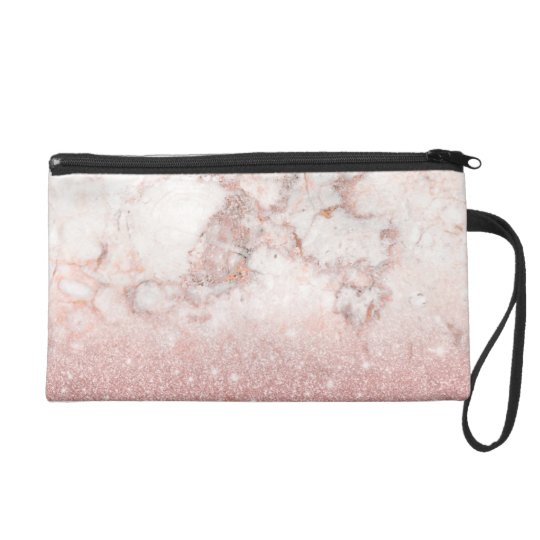 Elegant Faux Rose Gold Glitter White Marble Ombre Wristlet Purses