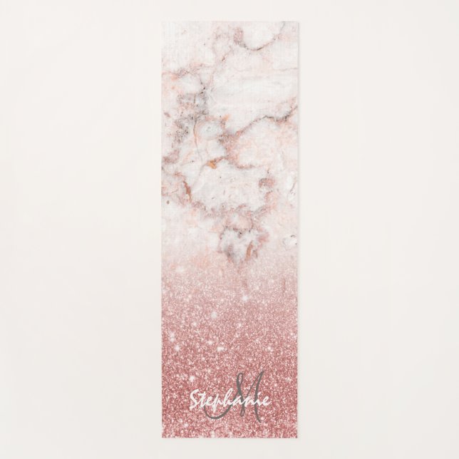 Elegant Faux Rose Gold Glitter White Marble Ombre Yoga Mat (Front)