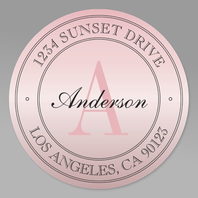 Elegant Faux Rose Gold Ombre Pink Monogram Address Classic Round Sticker (Creator Uploaded)