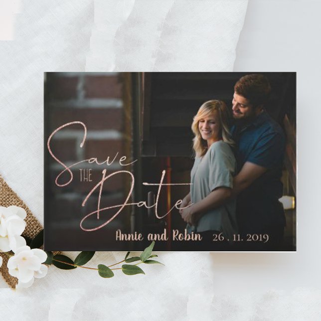 Elegant Faux Rose Gold Script Wedding Photo Save The Date (Creator Uploaded)