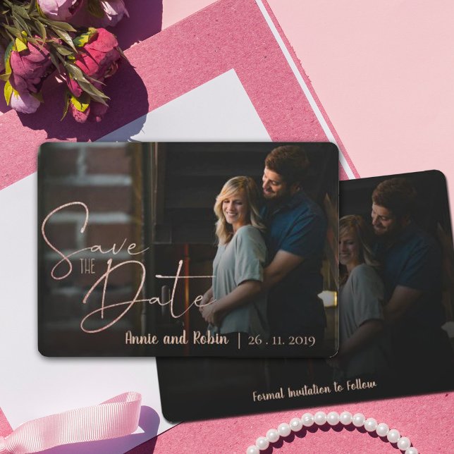 Elegant Faux Rose Gold Script Wedding Photo Save The Date (Creator Uploaded)