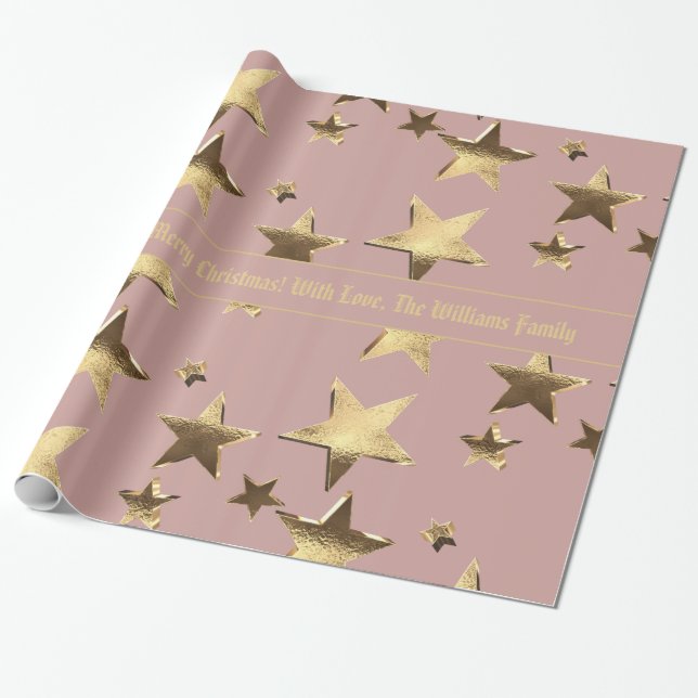 Elegant Faux Rose Gold Stars Pattern Christmas Wrapping Paper (Unrolled)