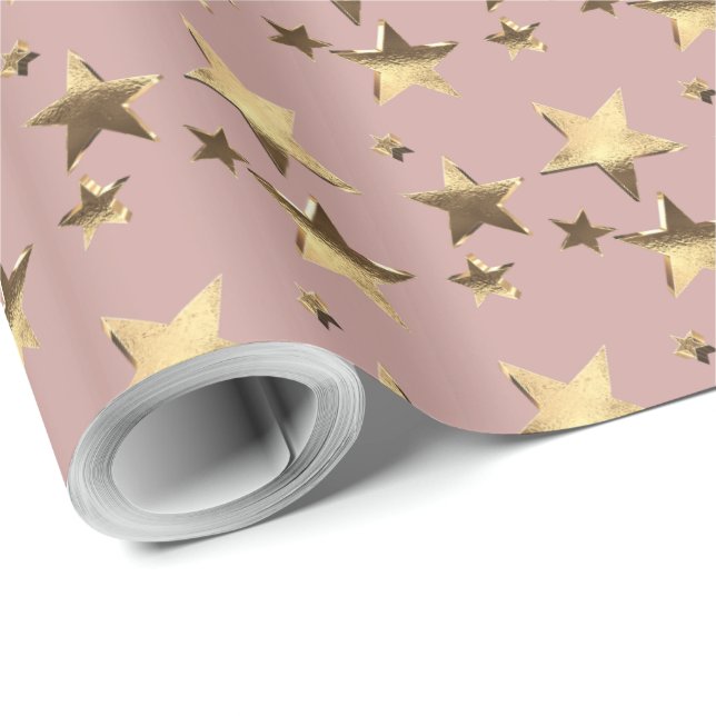 Elegant Faux Rose Gold Stars Pattern Christmas Wrapping Paper (Roll Corner)
