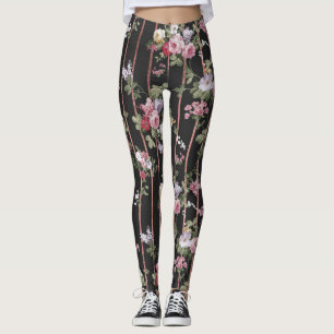 Elegant faux rose gold stripes pink vintage roses leggings