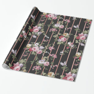 Elegant faux rose gold stripes pink vintage roses wrapping paper