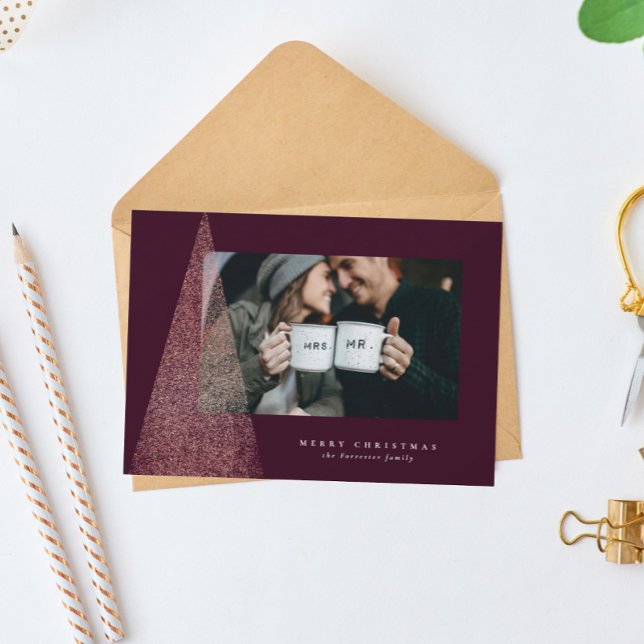 Elegant faux rose gold tree one photo Christmas Holiday Card (Creator Uploaded)