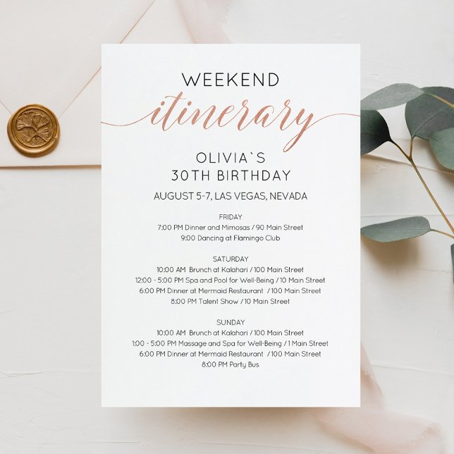 Elegant Faux Rose Gold Weekend Birthday Itinerary  Invitation (Creator Uploaded)