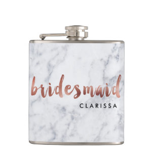 elegant faux rose gold white marble bridesmaid hip flask