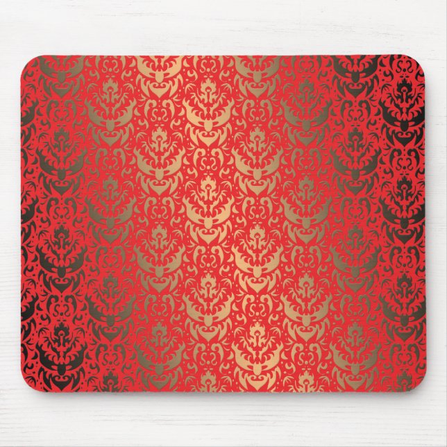 Elegant Faux Shimmer Gold and Red Damask Mouse Pad (Front)