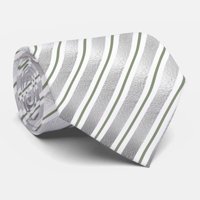 Elegant Faux Silver Foil and Sage Green Stripes Tie (Rolled)