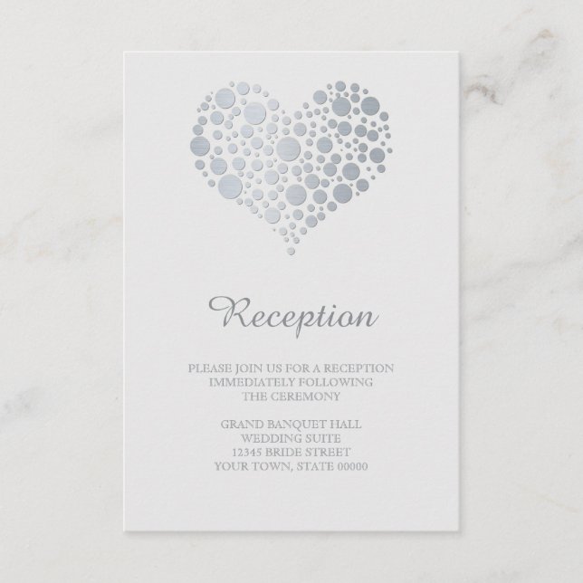 Elegant Faux Silver Foil Heart Reception Info Card (Front)