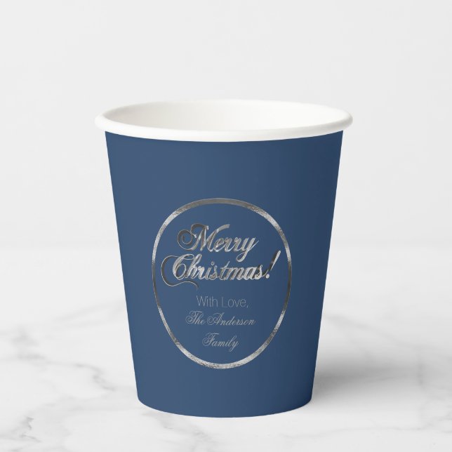Elegant Faux Silver Grey Corporate Blue Christmas Paper Cups (Front)